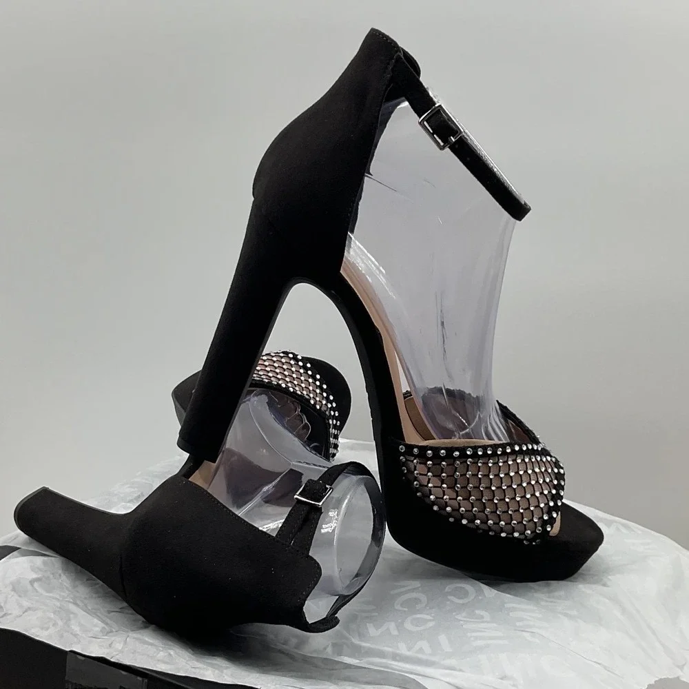 INC International Concepts Women Black Rhinestone Mesh Platform Block Heels